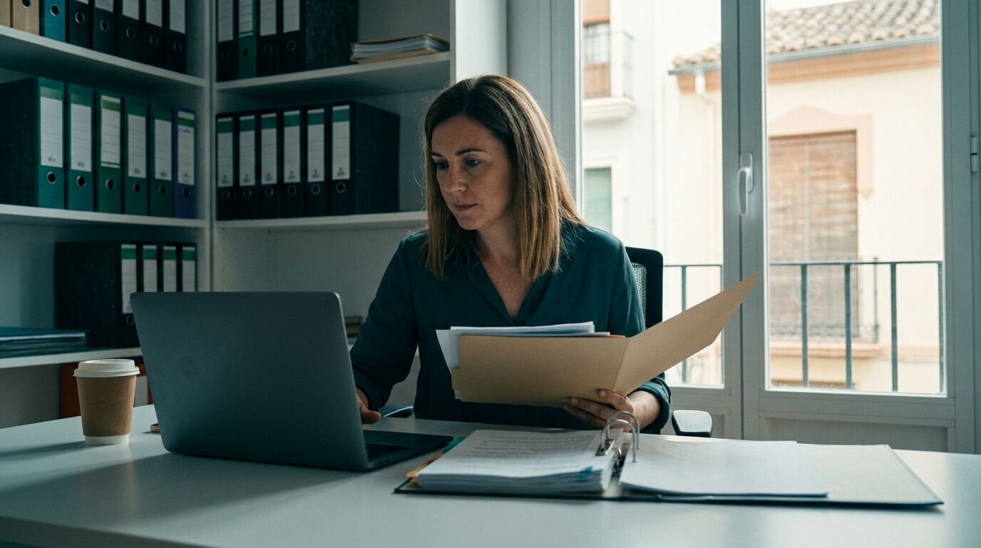 Responsable de una pyme murciana revisa en el portátil la documentación de su antiguo bono de Kit Digital antes de solicitar el Cheque TIC