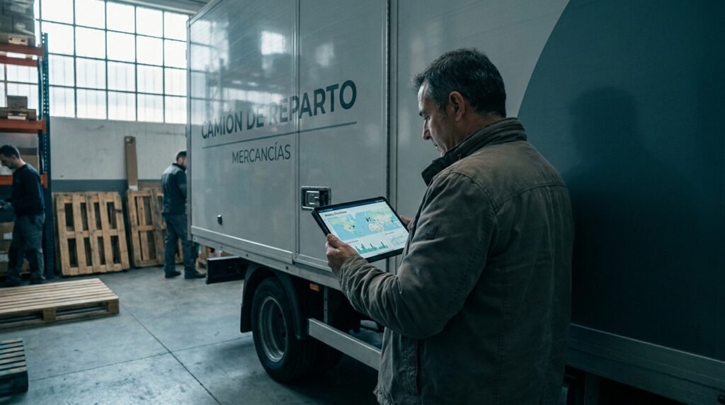 Camión de flota de transporte de mercancías con pantalla de gestión de documento electrónico y datos de huella de carbono