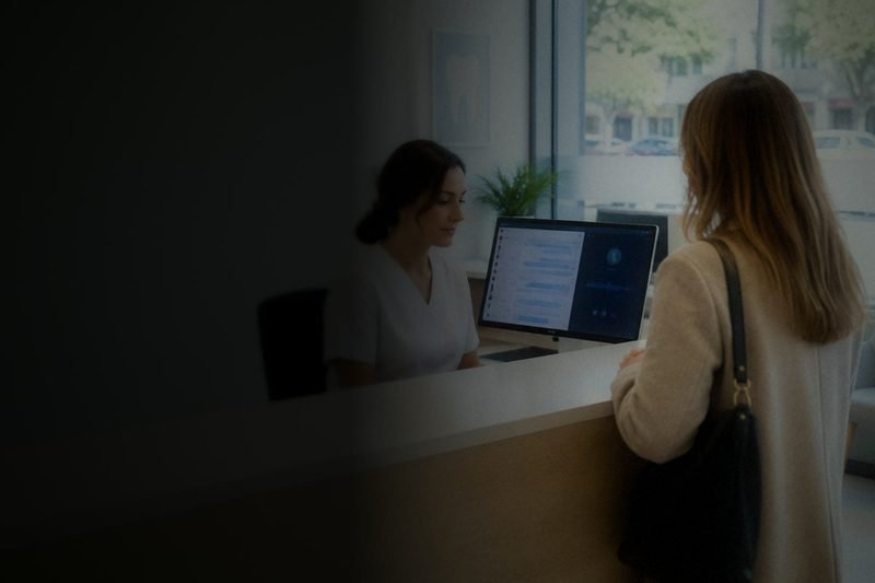 Una recepcionista atiende a una clienta en el mostrador con la agenda de citas en pantalla