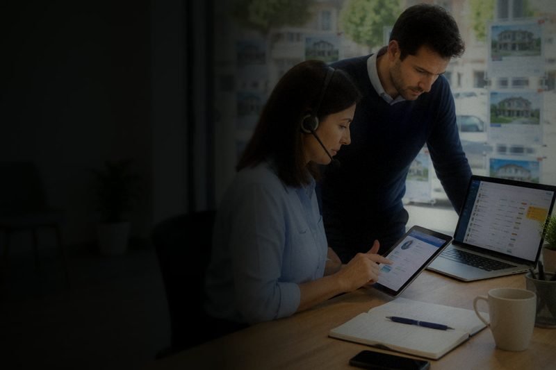Una comercial con auriculares y un compañero revisan contactos en la tablet y el portátil