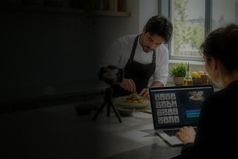Un cocinero emplata mientras una compañera edita en el portátil las fotos de los platos