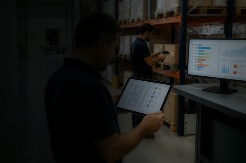 Un responsable de almacén consulta en la tablet los indicadores del inventario junto a las estanterías