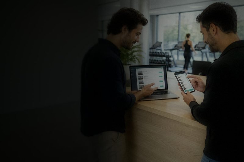 Dos personas prueban una app de reservas en el móvil en la recepción de un gimnasio