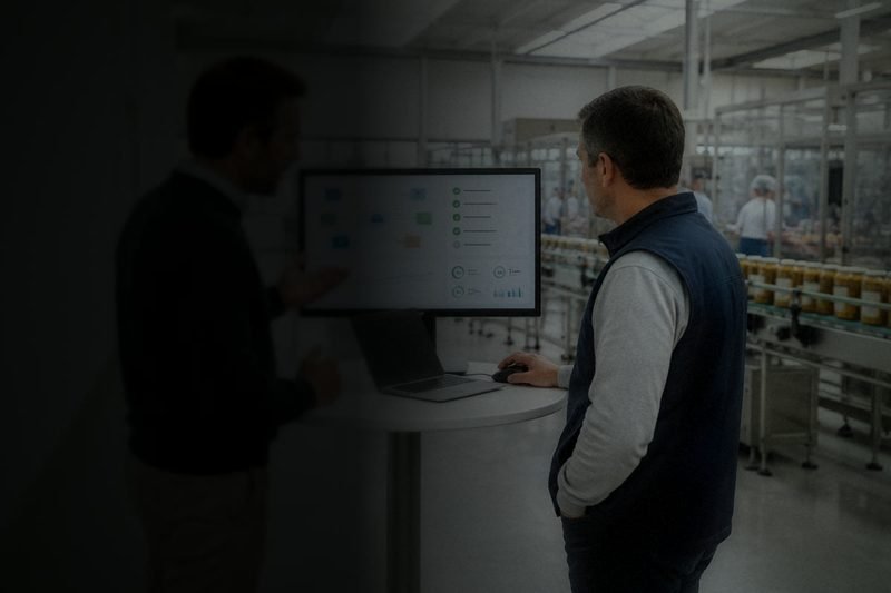 Dos técnicos revisan un diagrama de procesos en una pantalla dentro de una planta de producción