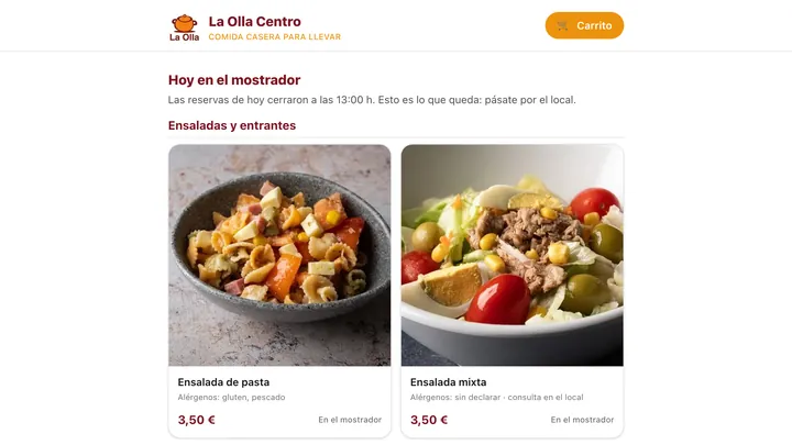 Menú del día con fotos y precios en la web de pedidos de La Olla Centro, hecha por Novantin