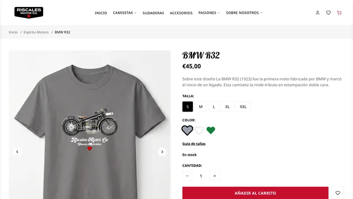 Ficha de producto de la tienda de Riscales Motor, hecha a medida por Novantin: camiseta BMW R32 con tallas, colores y precio