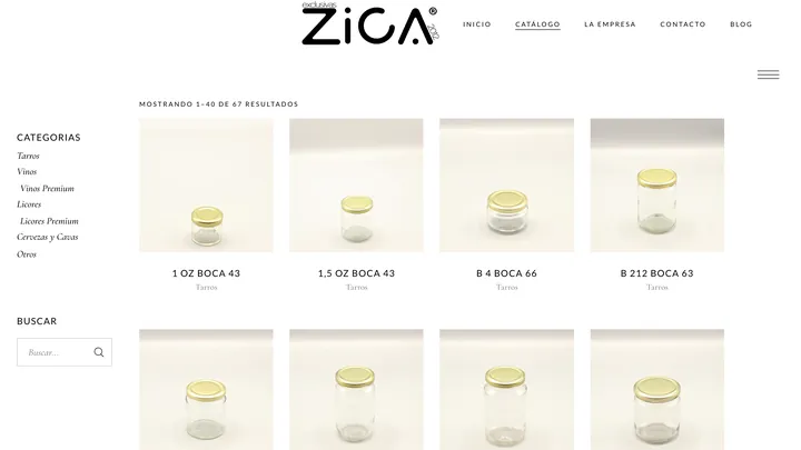 Catálogo de envases de la web de Exclusivas ZICA 2012, con sus 67 referencias