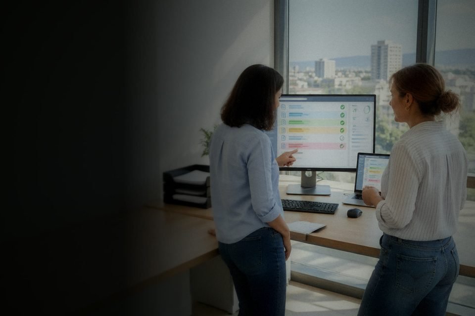 Dos compañeras revisan en pantalla un panel de tareas automatizadas en la oficina Dos compañeras revisan en pantalla un panel de tareas automatizadas en la oficina