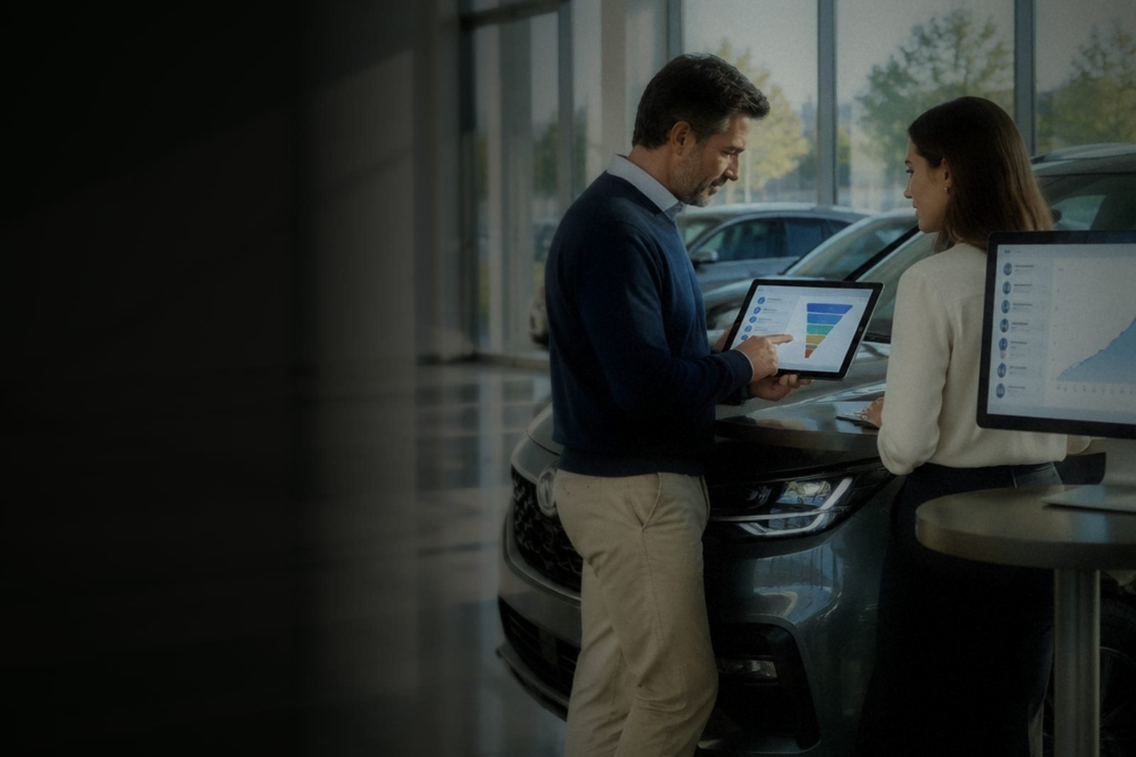 Un comercial y una compañera repasan en la tablet el seguimiento de ventas en un concesionario