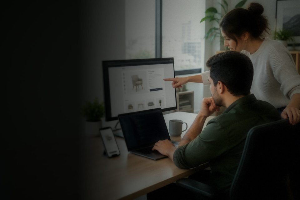 Una diseñadora señala la ficha de producto de una tienda online mientras un compañero trabaja en el portátil Una diseñadora señala la ficha de producto de una tienda online mientras un compañero trabaja en el portátil