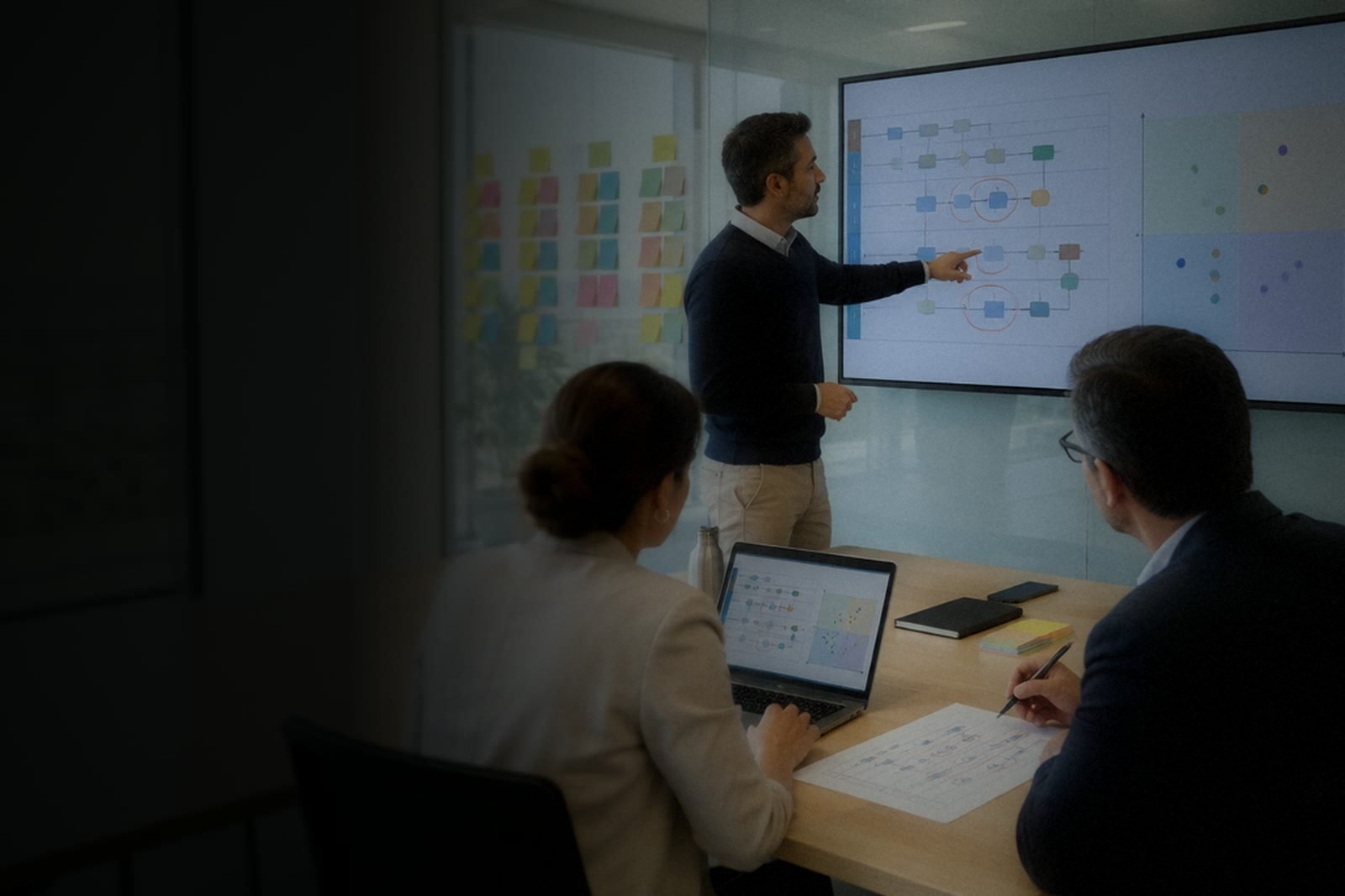 Un hombre explica un mapa de procesos en una pantalla grande a dos compañeros durante una reunión de trabajo