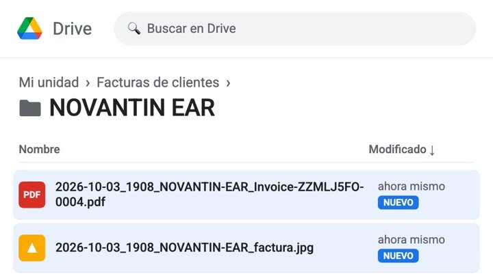 Carpeta de Google Drive de un cliente con dos facturas recién guardadas
