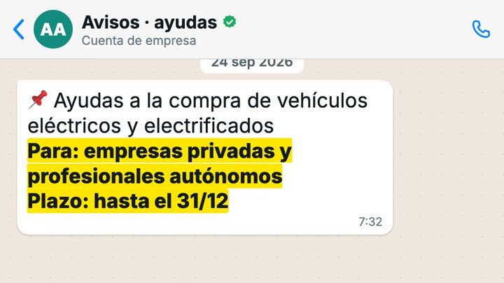 Mensaje de WhatsApp con el aviso de una ayuda, para quién es y el plazo