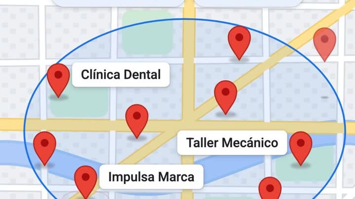 Mapa con negocios marcados: una clínica dental, un taller mecánico y una agencia