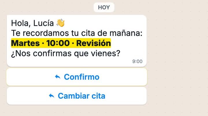 Mensaje de WhatsApp que recuerda una cita del martes a las 10:00 y pide confirmarla o cambiarla