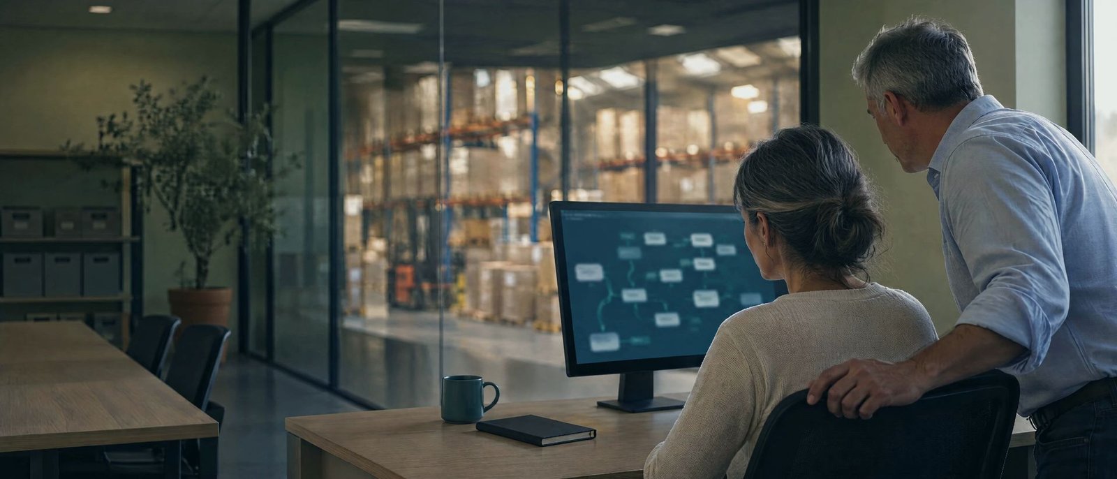 Dos personas de una pyme revisan en el monitor un mapa de procesos, con el almacén al fondo
