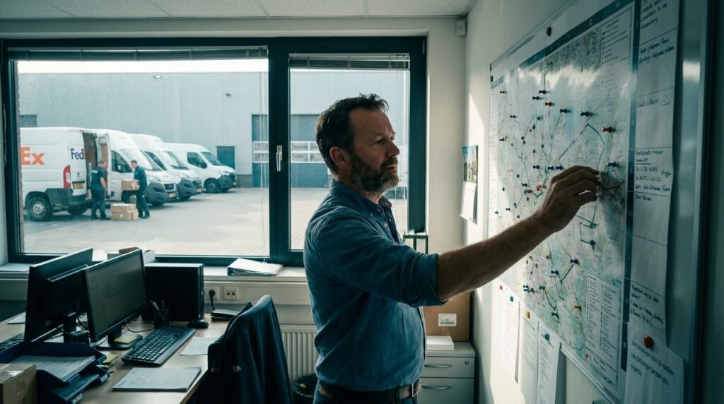 Jefe de tráfico revisando en una pantalla el mapa de rutas de una flota de furgonetas de reparto de última milla