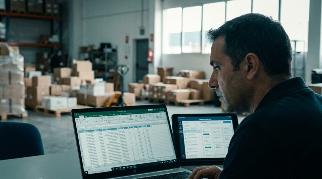 Responsable de una pyme de distribución comparando una hoja de cálculo con la pantalla de una aplicación a medida en su oficina