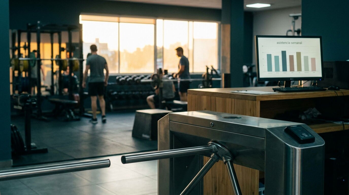 Recepción de un gimnasio independiente con torno de acceso y una pantalla que muestra la asistencia semanal de los socios Recepción de un gimnasio independiente con torno de acceso y una pantalla que muestra la asistencia semanal de los socios