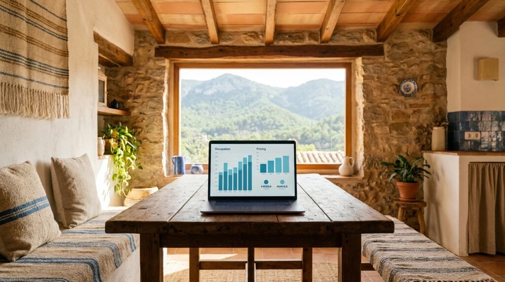 Propietaria de una casa rural ajustando en el ordenador las tarifas de las próximas semanas según la demanda prevista