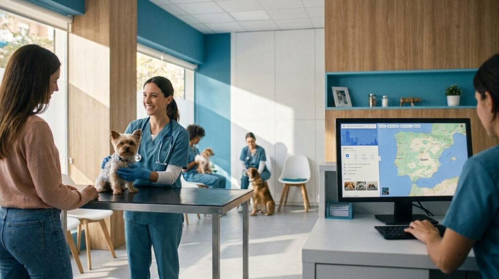 Recepción de una clínica veterinaria atendiendo a un cliente que ha pedido cita desde el móvil