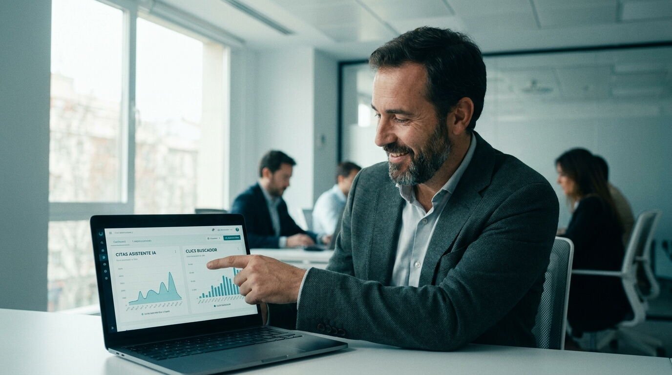 Profesional señalando en un portátil un panel que compara citas en asistentes de IA con clics de buscador, imagen del estudio de Novantin 2026