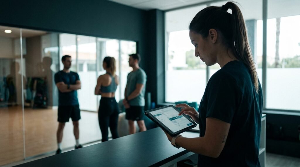 Recepcionista de un gimnasio consultando en una tablet el aforo de una clase dirigida con lista de espera activa