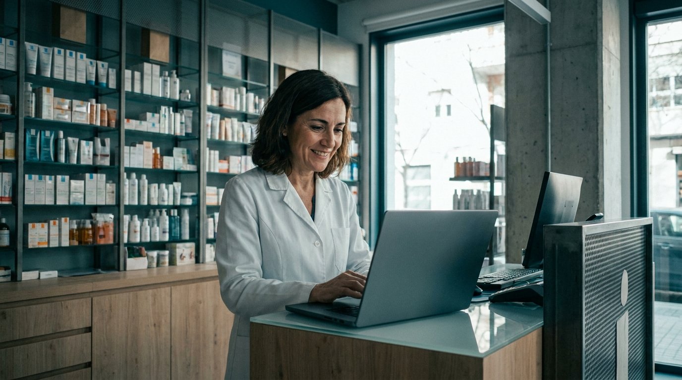 Farmacéutica gestionando pedidos de una tienda online de farmacia en un ordenador, con estanterías de parafarmacia al fondo