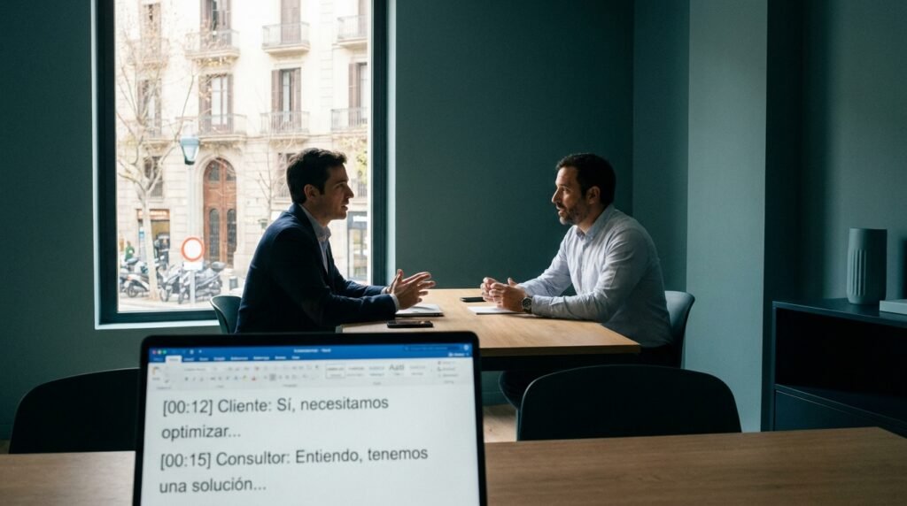 Profesional de una asesoría revisando en una pantalla la transcripción y el acta de una reunión con cliente generadas por IA Profesional de una asesoría revisando en una pantalla la transcripción y el acta de una reunión con cliente generadas por IA