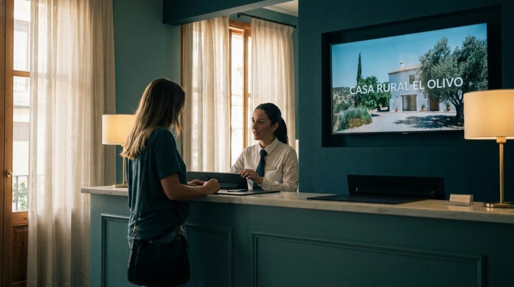 Pantalla de recepción de un hotel mostrando una campaña de vídeo generada con IA para una oferta de última hora